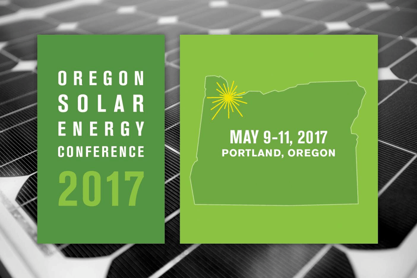 Solar panels in the background with 2017 Oregon Solar Energy Conference dates