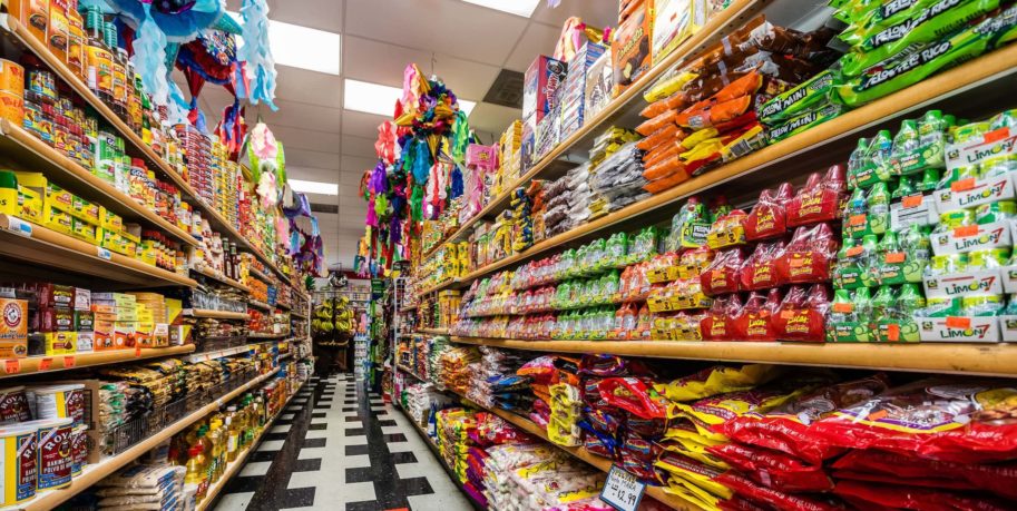 a colorful grocery store aisle