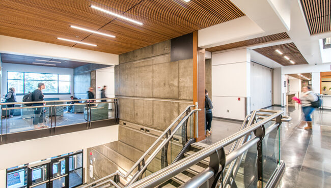 Inside an office building with stairwell