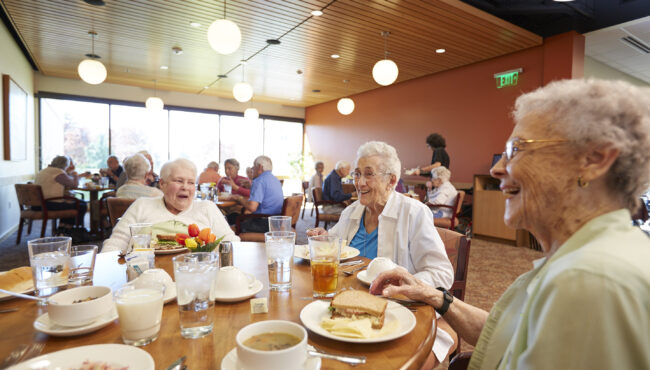 Three older women sitting down to lunch smiling.