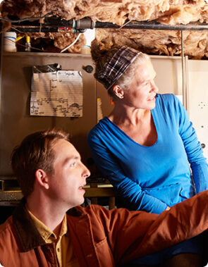 two people examining energy efficiency enhancements in a building